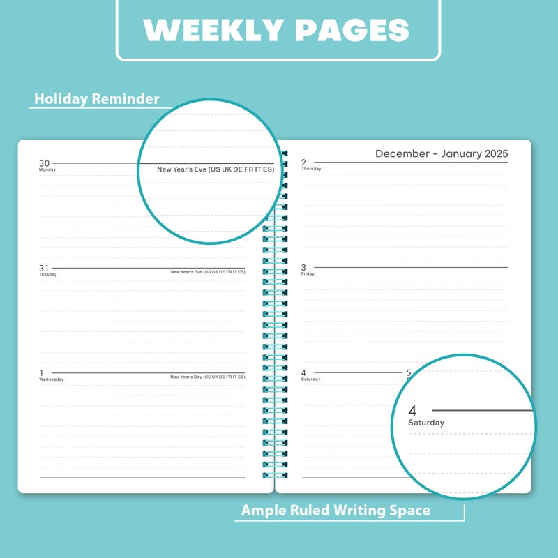 Vondafe 2025 Planner - Planner/Calendar 2025, Jan.2025 - Dec.2025, 2025 Planner Weekly and Monthly with Tabs, 2025 Calendar with Flexible Cover, A5 Thick Paper, Twin-Wire Binding, Aqua Green - Image 3
